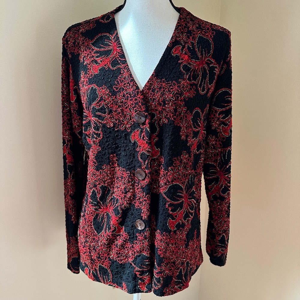 Chico's Black and Red Floral Cardigan